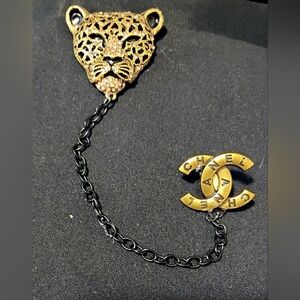 Men's Gold Panther Brooch with Black Chain